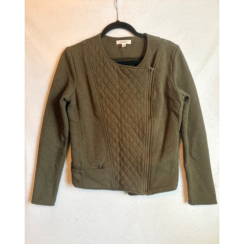 Athleta Belvedere Quilted Asymmetrical Moto Jacket Olive Green S‎